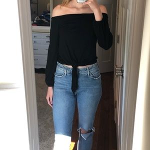 Off the Shoulder Tie Bottom Long Sleeve Shirt